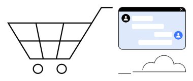 Kullanıcı simgeleri ve metin baloncukları olan bir sohbet penceresinin yanında minimal alışveriş arabası. E-ticaret, çevrimiçi alışveriş, müşteri desteği, dijital iş, perakende, bulut teknolojisi, basit