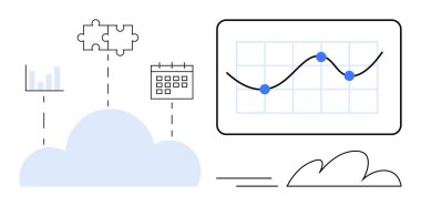 Bulut bağlantı çizelgeleri, takvim, bulmaca parçası ve veri erişimini gösteren analitik gösterge paneli, zamanlama, takım çalışması, yaratıcılık, organizasyon, bulut çözümleri ve verimliliği basit bir düz düzlemde