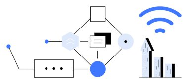 Geometrik şekiller veri akışını ve bağlantıyı temsil ediyor. Kablosuz sinyal ve bar grafiği büyümeyi ve iletişimi işaret ediyor. Veri paylaşımı, teknoloji, ilerleme, bağlantı, analiz için ideal