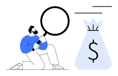Para çantasının yanında büyüteç tutan adam dolar işareti, denetlemeyi, finansal hedefleri ve bütçeyi sembolize ediyor. Finans, tasarruflar, yatırımlar, denetim, zenginlik yönetimi riski için ideal