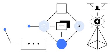 Çizgilerle birbirine bağlı geometrik şekiller veri akışını, ağ oluşturmayı ve analitiği sembolize eder. Gözü olan bir piramit, gözetleme ve görme yeteneğine işaret eder. Teknoloji, yenilik, yapay zeka ve veri bilimi için ideal.