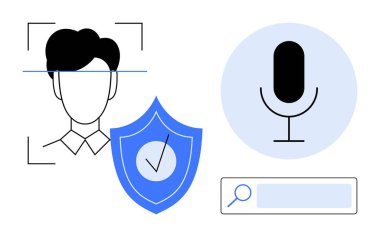 Yüz taraması, mikrofon doğrulaması, işaretli kalkan ve arama çubuğu kimlik doğrulama ve güvenli erişim örneği. Siber güvenlik, biyometrik giriş, dijital güvenlik, gizlilik için ideal