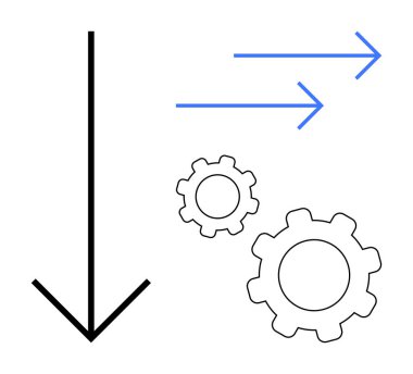 Aşağı bakan siyah ok, sağa hareket eden iki mavi ok ve işlem, hareket ve optimizasyon için iki vites simgesi. İş akışı, mühendislik, verimlilik, otomasyon takım çalışması stratejisi için ideal