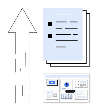 Ok, dokümanlar ve web arayüzü ile yukarı doğru ilerlemeyi sembolize ediyor. Veri transferi, geliştirme, bulut yönetimi, teknoloji, yenilik, verimlilik, işbirliği için ideal. Basit düz metafor