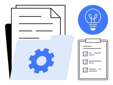 Evraklar bir dişlinin yanında işaretli bir kontrol listesi panosu ve bir ampul. İş akışı, beyin fırtınası, üretkenlik, yenilik, planlama, iş stratejisi için ideal basit iniş sayfası
