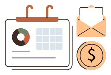 Çizelge, açık zarf ve zaman yönetimi, iletişim, finans ve organizasyonu sembolize eden dolar para takvimi. İş için ideal, bütçe planlaması, üretkenlik yatırım stratejileri