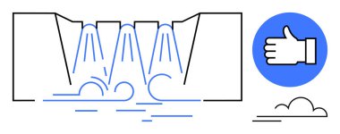 Baraj kapaklarından akan su, aşağıdaki dalgalar, mavi başparmak ikonu ve bulutlar. Enerji, sürdürülebilirlik, teknoloji, su yönetimi, eko-projeler, verimlilik basit iniş sayfası için ideal
