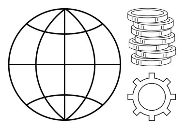 Küre, madeni para yığını ve vites ana hatları küresel ticaret, finans, endüstri ve yeniliği sembolize etmektedir. Ekonomik büyüme için ideal, küreselleşme sürdürülebilirlik takım çalışması geliştirme ticareti. Basit düz