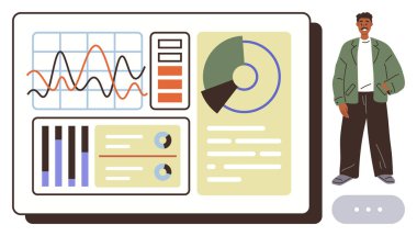 Veri panelinin yanında grafik, pasta grafikleri, bar çizelgeleri ve performans ölçümlerini gösteren kişi. Veri görselleştirme, analitik, raporlama, iş anlayışı ve eğitim için ideal
