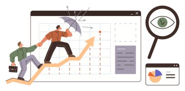 Şemsiyeyle yukarı doğru giden iki kişi engelleri, büyüteçleri ve çizelgeleri saptırıyor. Takım çalışması, veri büyümesi, problem çözme, hedef belirleme, strateji, liderlik için ideal