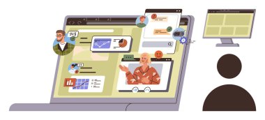 Laptop ekranında görüntüleme, grup sohbetleri, veri analizleri ve bilgilendirmeler, siluet başka bir monitör görüntüleme. İletişim, takım çalışması, teknoloji, uzaktan eğitim için ideal