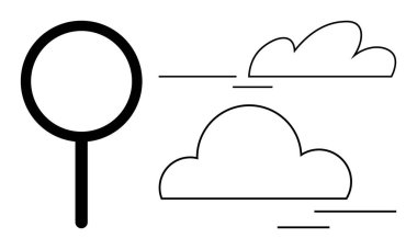 Sürüklenen bulutların yakınındaki büyüteç keşif, berraklık ve yeni perspektifleri simgeler. Keşif için ideal, şeffaflık, problem çözme, bilgi, hava görüşü yeniliği. Basit düz