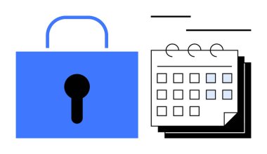 Basitleştirilmiş takvimin yanında, altı çizili tarihli büyük mavi kilit. Güvenlik, mahremiyet, zaman yönetimi, planlama, gizlilik ve organize süreçler için idealdir. Basit düz metafor