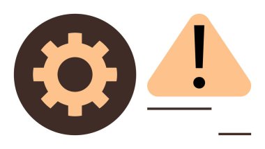 Dişli sembolü, üçgen uyarı simgesinin yanında ünlem işareti taşıma sistemi uyarısı. Uyarı, teknik sorunlar, problem çözme, bakım, sistem güncellemeleri, risk yönetimi için ideal