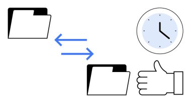 Oklara bağlı dosya dizinleri, zaman yönetimini gösteren saat, onayı ya da başarıyı gösteren el yazısı. İş akışı, verimlilik, veri transferi, verimlilik, takım çalışması, zaman tasarrufu için ideal