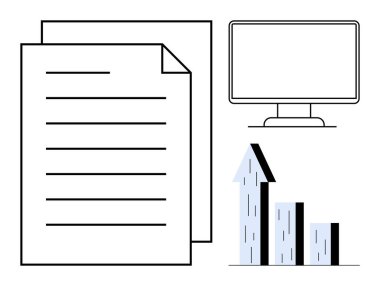 Boş bir bilgisayar monitörünün yanında doküman sayfaları ve yukarı doğru büyüme çubuğu grafiği. Analiz, ilerleme, strateji, araştırma, geliştirme, teknoloji, basit iniş sayfası için ideal