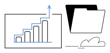Açık bir dizin ve bulut, veri depolama, organizasyon ve başarı yanında ilerleyişi gösteren yukarı doğru ok ile çubuk grafiği. Analiz, büyüme, finans, bulut hesaplama ve dosya için ideal