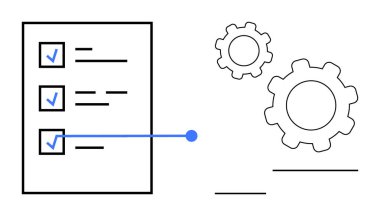 Çarklara bağlı mavi işaretli kontrol listesi. Süreç optimizasyonu, otomasyon, iş akışı, görev yönetimi, planlama, üretkenlik, basit iniş sayfası için ideal