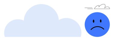 Hüzünlü mavi bir yüz, büyük bir bulut ve esinti çizgilerinin yanında. Hava, duygu, üzüntü, yalnızlık, ruh hali değişimi, melankoli, hayal kırıklığı, yalnızlık için ideal basit düz metafor.