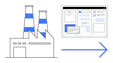 Dijitalleştirme ve veri akışını temsil eden bir ok vasıtasıyla dijital arayüze bağlı fabrika binası. Üretim, yenilik, teknoloji, otomasyon, dijital dönüşüm için ideal