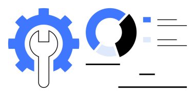 Bir turta grafiği ve araçlar, analitik, iş akışı, üretkenlik, mühendislik, veri güdümlü çözümler için asgari metin satırları ile birlikte dişli, basit iniş sayfası