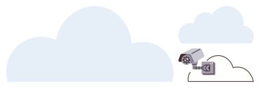 Güvenlik kamerası bulut şekillerinin yakınına yerleştirilmiş. Gözetleme ve bulut deposu arasındaki bağlantıyı gösteriyor. Güvenlik, teknoloji, veri gizliliği, izleme, uzaktan erişim, siber güvenlik, basit