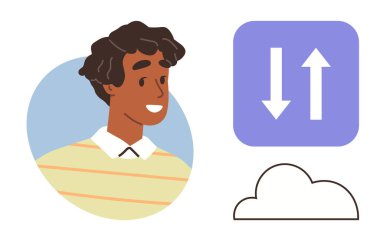 Oklar dışındaki gülümseyen şahsın portresi bulut sembolüne yükleme ve indirmeyi gösteriyor. Teknoloji, bağlantı, veri, bulut depolama, iletişim, paylaşım ve yenilik için ideal. Basit düz