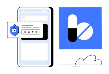 Bir ilaç ikonu ile birlikte güvenlik asma kilidi ve şifre alanları olan akıllı telefon ekranı. Siber güvenlik, sağlık, mobil uygulamalar, eczane uygulamaları, veri koruması, güvenli erişim, çevrimiçi hizmetler için ideal