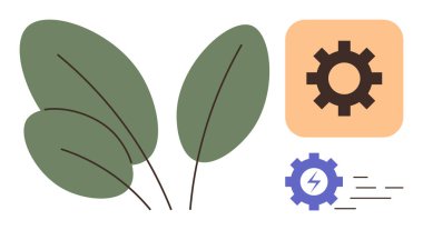 Yeşil yapraklar doğayı sembolize eder, teknoloji ve enerji akışı için dişlilerle eşleştirilir. Sürdürülebilirlik, yenilenebilir enerji, çevre dostu teknoloji, yenilik, yeşil uygulamalar, basit