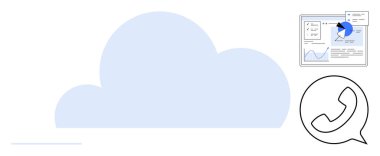 Büyük mavi bulut grafiği, turta grafikli veri analizi paneli ve telefon iletişim ikonu. Teknoloji, bulut hesaplama, veri analizi, iletişim, uzaktan çalışma, ağ oluşturma için ideal