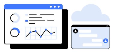 Çizelgeler, grafikler ve mesajlaşma penceresiyle etkileşimli bir panel. Analiz, iletişim, ağ, bulut depolama, işbirliği, dijital strateji basit iniş sayfası için ideal