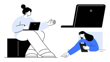 İki kişi dizüstü bilgisayar ve tabletlerle iletişim ve verimliliği teşvik ediyor. Teknoloji, takım çalışması, eğitim, uzaktan çalışma, işbirliği, yaratıcılık, basit iniş sayfası için ideal