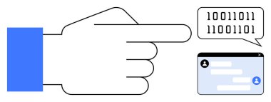 El hareketi, kullanıcı avatarıyla sohbet arayüzünü, mesajları, ikili konuşma baloncuğunu işaret ediyor. Teknoloji iletişimi, programlama, yapay zeka, sohbet sistemleri, dijital etkileşim, basit iniş kodları için ideal