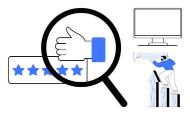 Baş parmaklar için büyüteç, yıldız derecesi, bilgisayar ekranı, arama çubuğuyla bar tablosuna tırmanan kişi. Hizmet kalitesi, müşteri memnuniyeti, iş büyümesi, pazarlama ve analitik için ideal