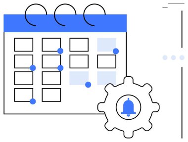 Vurgulanmış tarihli takvim, uyarılar ve kişiselleştirme için bir dişlinin içindeki bildirim zili. Zamanlama, planlama, zaman yönetimi, hatırlatıcılar, uyarılar, verimlilik, düz basit metafor için ideal