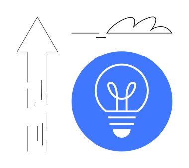 Mavi çemberdeki ampul fikirleri simgeliyor, yukarı doğru ok büyümeyi simgeliyor, emeller için minimum bulut. Yenilik için ideal, yaratıcılık, strateji, ilerleme, iş, eğitim için basit iniş