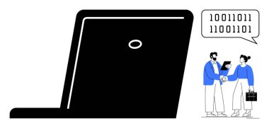 Bir tablet ve ikili kod iletişimini inceleyen iki profesyonelin yanında büyük boy dizüstü bilgisayar. Teknoloji, dijital çalışma, işbirliği, yenilik, veri paylaşımı, takım çalışması, basit düz metafor