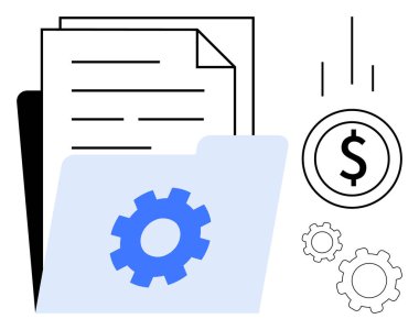 Belgeler, mavi dişliler, dolar simgesi ve süreç optimizasyonunu temsil eden küçük vitesler içeren klasör. Finans, iş akışı, verimlilik, yönetim, verimlilik belgeleri için ideal sade iniş
