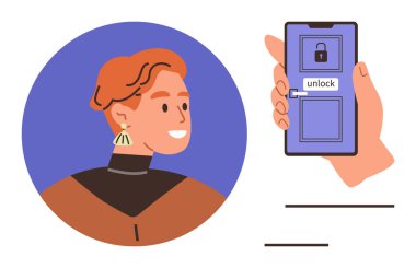 Kadın gülümsüyor, akıllı telefon ekranında kilit açma düğmesiyle kilit simgesini gösteriyor. Siber güvenlik, dijital güvenlik, veri gizliliği, güvenli erişim, kullanıcı dostu tasarım, mobil teknoloji, kişisel