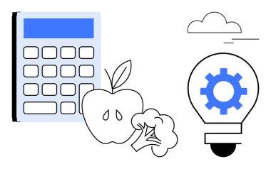 Hesap makinesi, elma, brokoli, teçhizatlı ampul, arka planda bulutlar. Sağlıklı yaşam, beslenme, yenilikçi eğitim teknolojisi üretkenlik için idealdir. Basit düz metafor