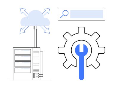 Oklarla buluta bağlanan sunucu, sistem kurulumu için ingiliz anahtarı olan dişli simgesi ve navigasyon için arama çubuğu. Bulut teknolojisi, veritabanı yönetimi, bilişim çözümleri, sistem yapılandırması için ideal
