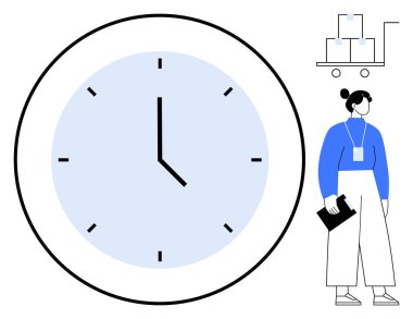 Büyük saat zaman yönetimini temsil ediyor, üniformalı işçi panoyu tutuyor, kutulu el arabası lojistiği yansıtıyor. Üretim, organizasyon, planlama, teslim tarihleri, tedarik zinciri, verimlilik için ideal