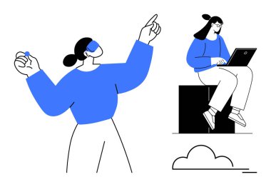 Kendine güvenen bir kadın, bir blokta dizüstü bilgisayar kullanarak oturan biri, önplanda bulut tasarımı. Takım çalışması, liderlik, uzak çalışma, yaratıcılık, güçlendirme, üretkenlik için ideal modern