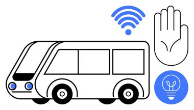 Fütüristik tasarımı olan elektrikli otobüs, güvenlik için el işareti, kablosuz bağlantı ve yenilik için ampul. Teknoloji, hareketlilik, toplu taşıma, sürdürülebilirlik, otonom araç için ideal