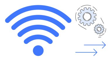 Teknolojiyi, iletişimi ve iş akışı otomasyonunu gösteren okları olan mavi kablosuz sinyal simgesi. İnternet, üretkenlik, teknoloji, yenilik, bağlantı, süreç için ideal