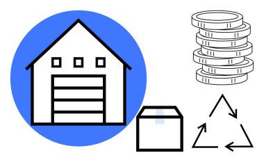 Garajlı depo, taşınmaya hazır kutu, bozuk para yığını ve geri dönüşüm sembolü lojistik, ulaşım, e-ticaret, sürdürülebilirlik, tedarik zinciri dairesel ekonomiyi vurguluyor. Basit.