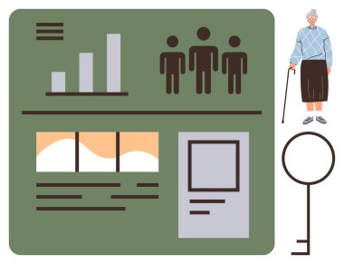 Bar tablosu, nüfus grafikleri, anahtar ve bastonlu yaşlı kadın basit düz metaforda erişim, veri güvenliği, kapsayıcılık, kullanıcı profilleri, nüfus içgörüleri, erişim kontrolü ve yaşlanma bakımı öneriyor