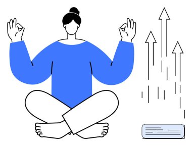 Nilüfer çiçeğinin üzerinde oturan kadın rahat el hareketleriyle poz veriyor. Sembolik oklar büyümeyi, ilerlemeyi ve potansiyeli simgeliyor. Farkındalık, kişisel bakım, sağlık, meditasyon, kişisel gelişim için ideal