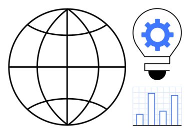 Küre, küresel ulaşımı, yenilik ve fikirleri temsil eden ekipmanlı ampulü ve veri analizini gösteren çubuk grafiğini sembolize ediyor. İş, araştırma, yenilik ve küresel strateji için ideal