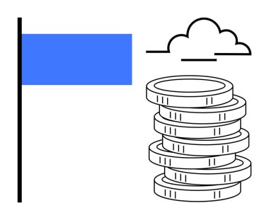 Mavi bir bayrak ve bulutun yanında para yığını, hırsı, tasarrufu ve finansal büyümeyi simgeliyor. Yatırım, zenginlik yönetimi, başarı, fırsat, ekonomik hedef başarı için ideal